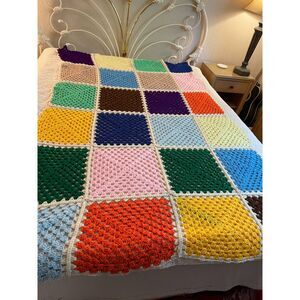 Vtg 70s Afghan Crochet Orange Yellow Green Granny Square Lge Throw Blanket 49x79